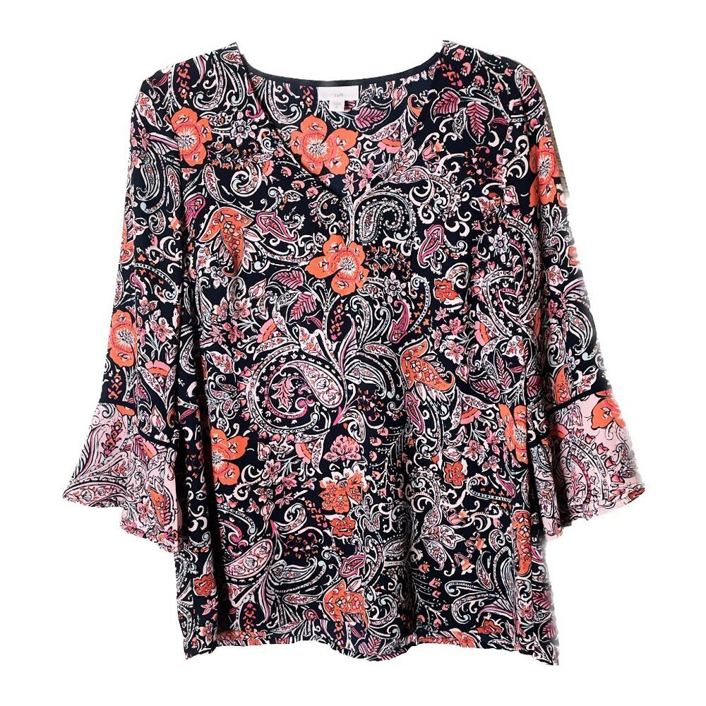 J Jill Boho V Neck Blouse Black Pink Print 3/4 Sleeves Sz S/T
